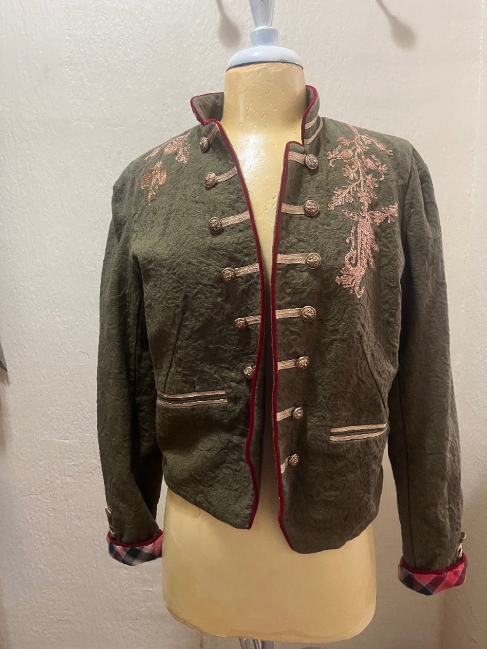 Free People Olive Green Military-Style Embroidered Jacket with Red Trim